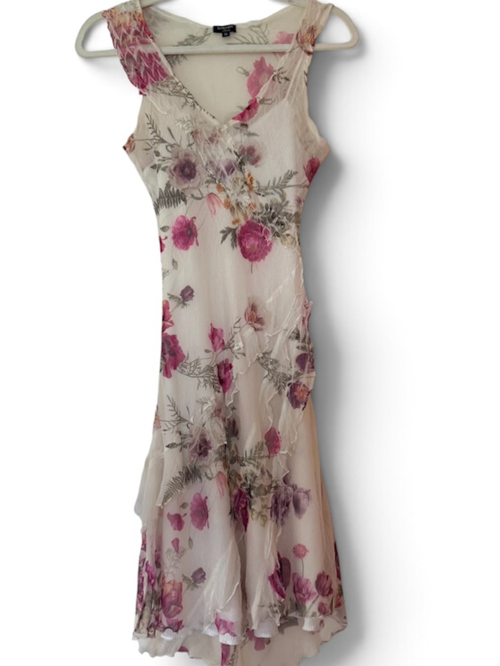 Komarov Floral Crinkle Ruffle Dress Small Pink Romantic Y2K Made USA